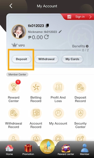 Step 1: After entering the PHJOY game page. Then select the “Deposit” option.