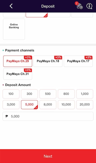 Step 2: Enter the amount you want to deposit and click "NEXT" to move to the next step.