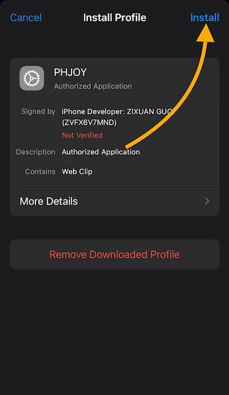 Step 3: The player should go to the phone’s settings and select PHJOY profile. Then click on the “Install”.