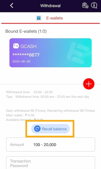 Step 2: Select an e-wallet to withdraw from and Click "Recall Balance" to transfer the balance to your main wallet.